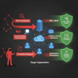 Diagram showing business email compromise attack flow from reconnaissance through fraudulent request, with prevention layers including email authentication, AI detection, and verification procedures