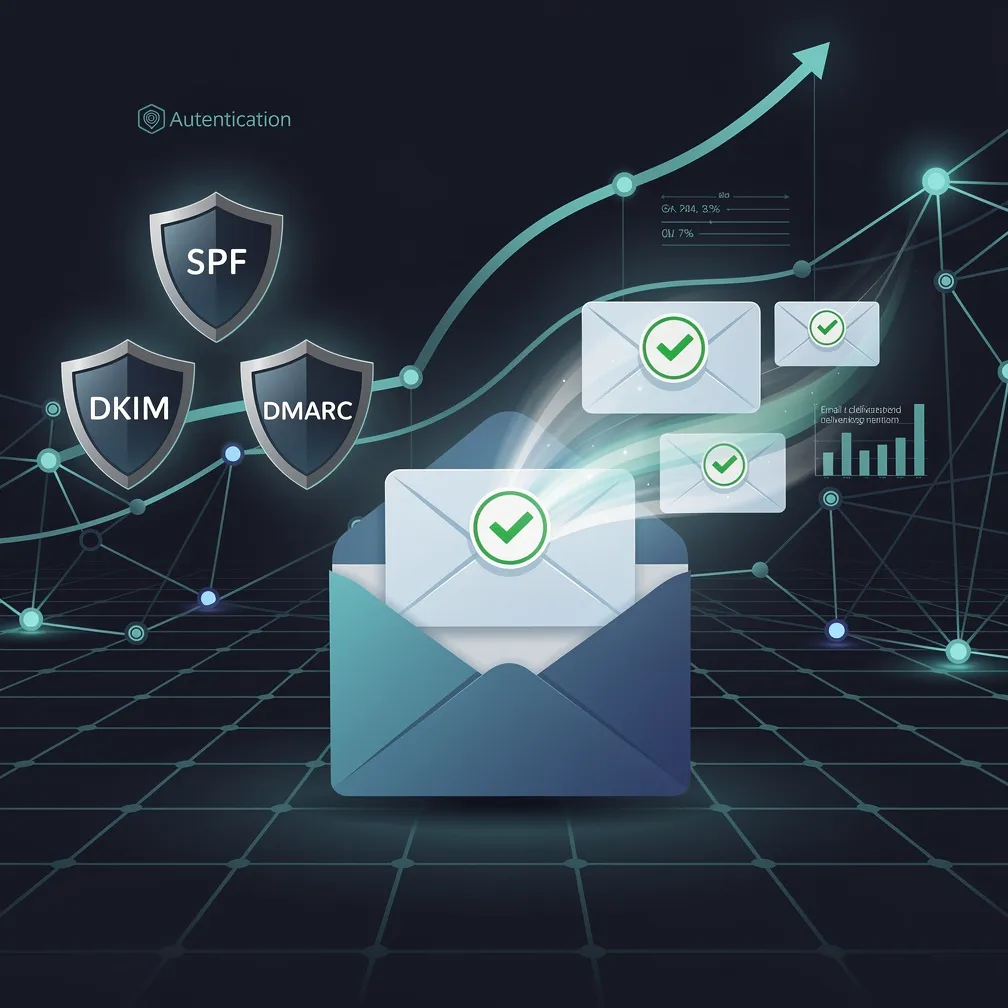 Email deliverability optimization concept showing authentication shields, inbox placement, and performance metrics