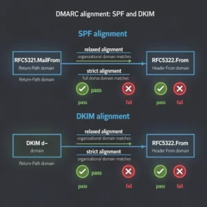 Technical diagram showing DMARC alignment concepts with SPF and DKIM alignment paths and pass/fail scenarios
