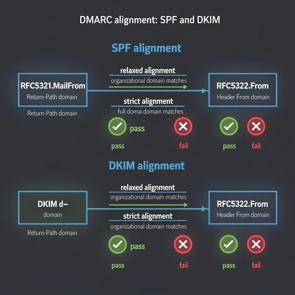 Technical diagram showing DMARC alignment concepts with SPF and DKIM alignment paths and pass/fail scenarios