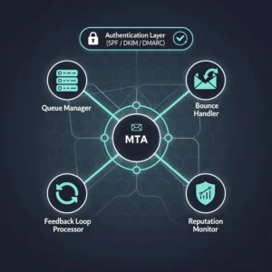 Email delivery infrastructure diagram showing interconnected subsystems including MTA, queue management, bounce handling, feedback loops, reputation monitoring, and authentication layers