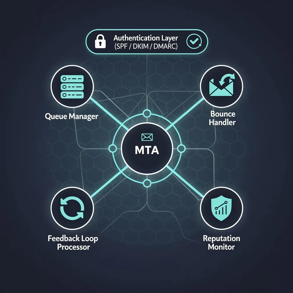 Email delivery infrastructure diagram showing interconnected subsystems including MTA, queue management, bounce handling, feedback loops, reputation monitoring, and authentication layers