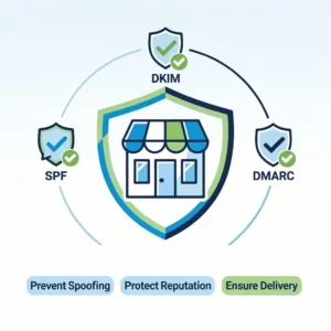 Email authentication benefits for small business infographic showing SPF DKIM DMARC protection