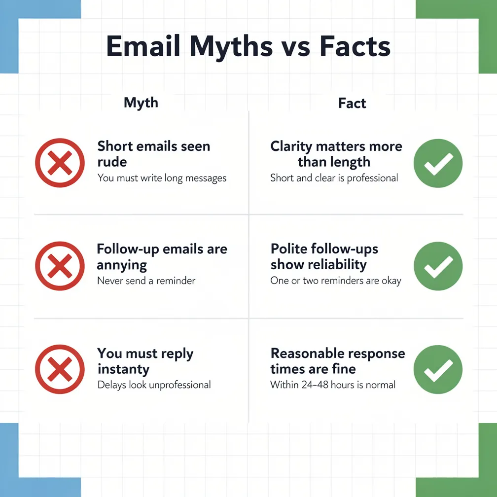 Myth vs Fact infographic showing three common email deliverability myths crossed out with red X marks and replaced with green checkmark facts