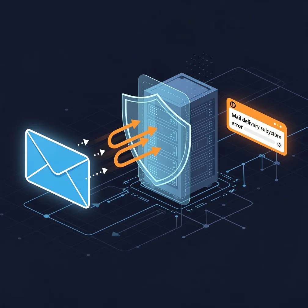 Email bounce notification flow diagram showing a message being rejected by a mail server and returning an error notification to the sender