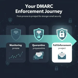 DMARC enforcement journey progression from p=none monitoring to p=reject full enforcement with cybersecurity shield icons