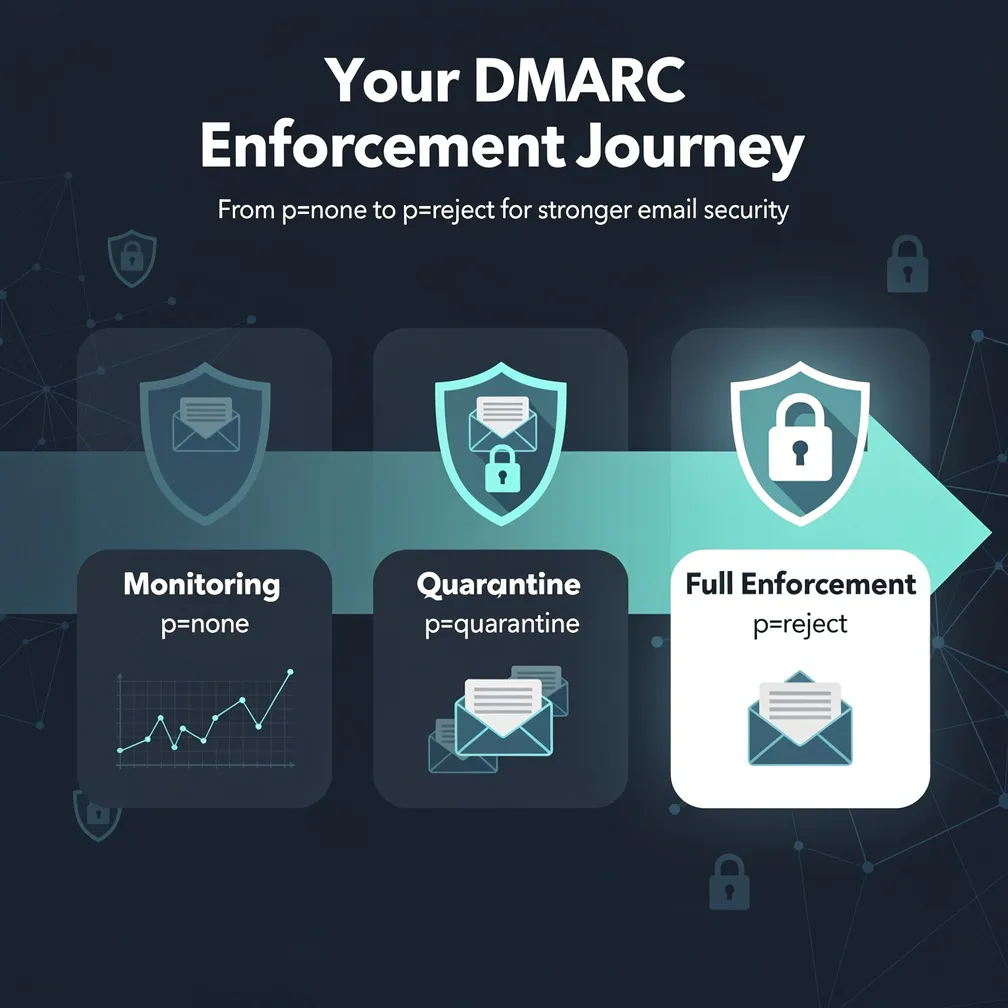 DMARC enforcement journey progression from p=none monitoring to p=reject full enforcement with cybersecurity shield icons