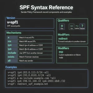 SPF syntax reference chart showing mechanisms, qualifiers, and modifiers with examples in blue and green technical style