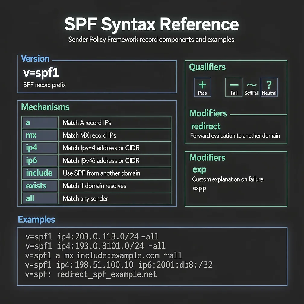 SPF syntax reference chart showing mechanisms, qualifiers, and modifiers with examples in blue and green technical style