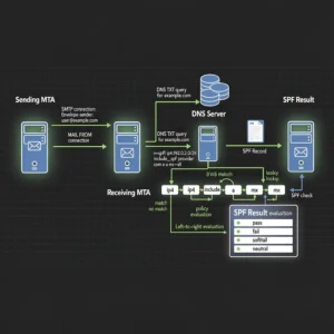 Technical diagram showing SPF sender policy framework protocol flow at the SMTP level with DNS query sequence and mechanism evaluation