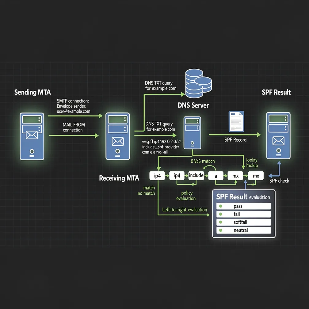 Technical diagram showing SPF sender policy framework protocol flow at the SMTP level with DNS query sequence and mechanism evaluation