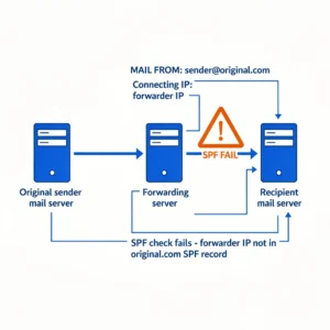 Email forwarding flow diagram showing SPF failure points when messages pass through intermediary servers