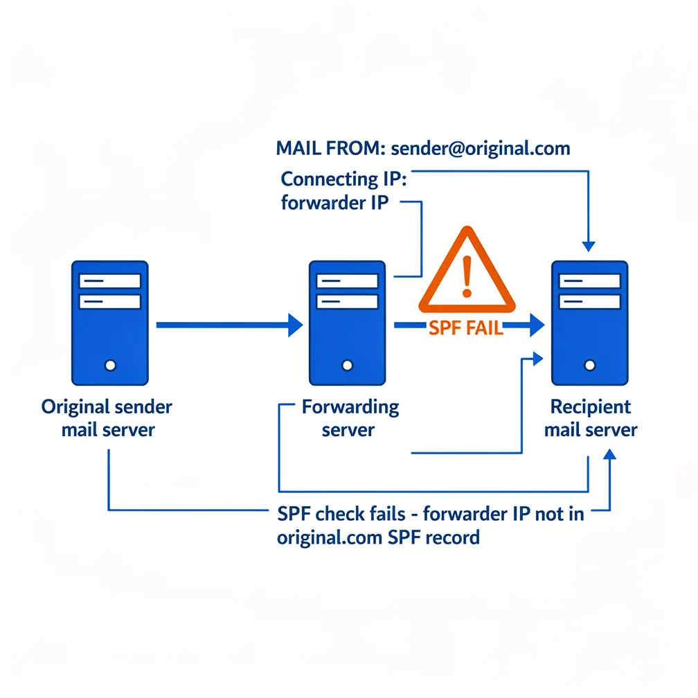 Email forwarding flow diagram showing SPF failure points when messages pass through intermediary servers