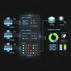 Visual representation of DMARC report structure showing aggregate and forensic report data flow with key authentication metrics