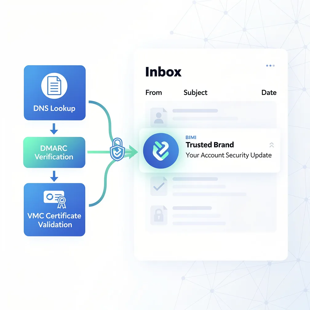 BIMI email authentication flow showing brand logo display in inbox with DNS lookup and VMC verification