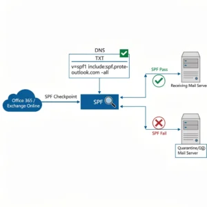 Technical diagram showing Office 365 mail flow and SPF authentication process with DNS lookup verification