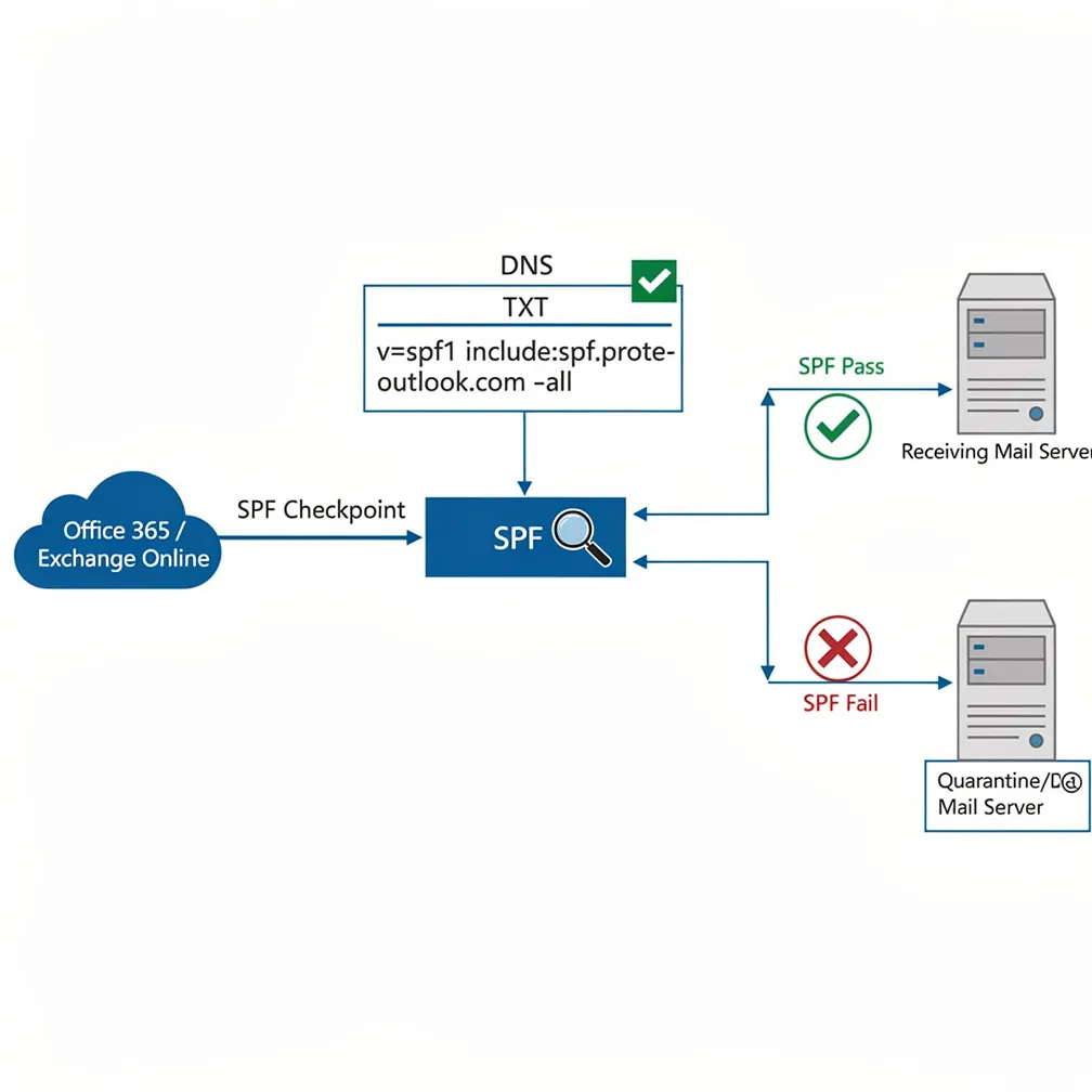 Technical diagram showing Office 365 mail flow and SPF authentication process with DNS lookup verification