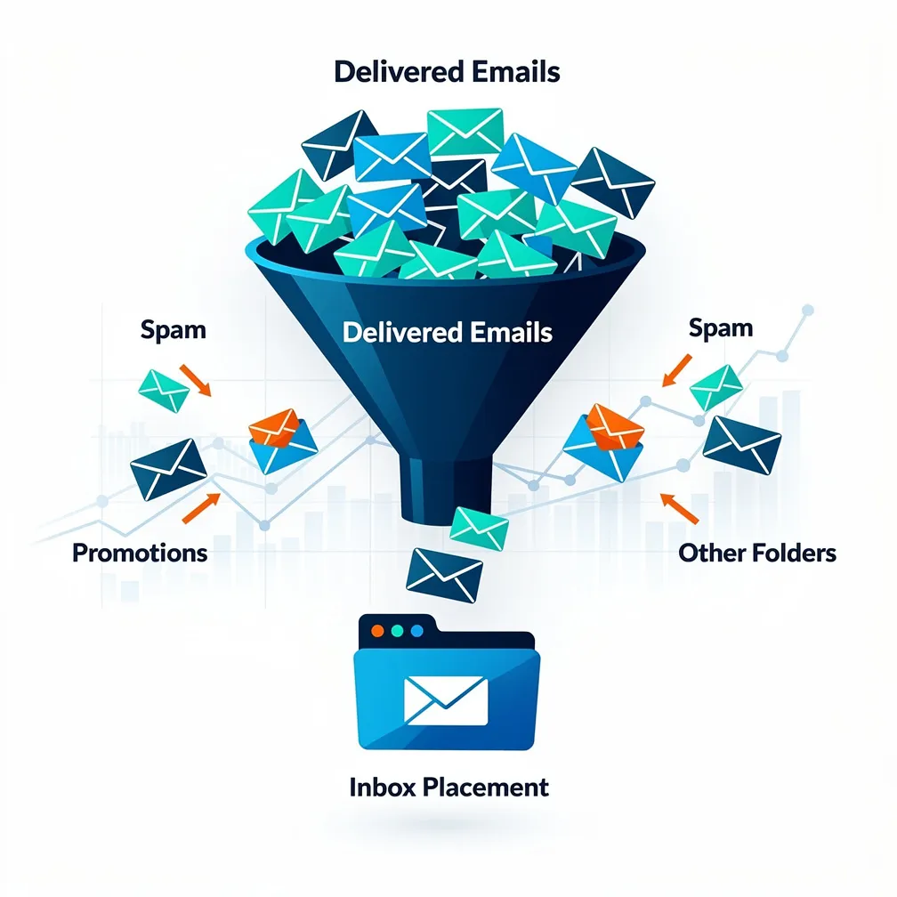 Visual showing the gap between email delivery rate and actual inbox placement, with a funnel showing emails being filtered between delivered and actually reaching the inbox