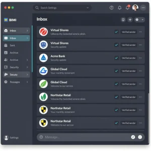 BIMI-enabled email inbox showing verified brand logos displayed next to sender names in a modern email client