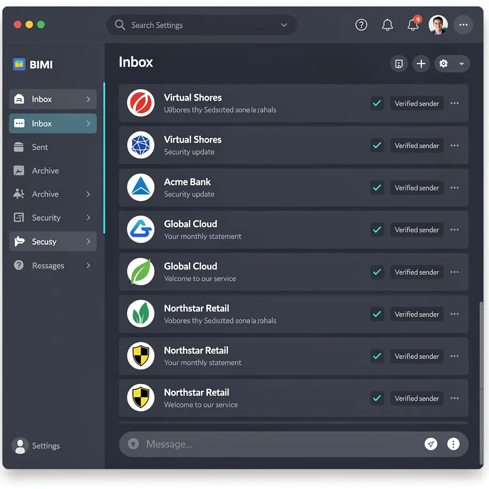 BIMI-enabled email inbox showing verified brand logos displayed next to sender names in a modern email client