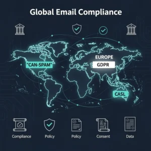 Global email compliance map showing CAN-SPAM, GDPR, and CASL regulatory frameworks across regions for email compliance 2026