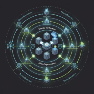 Zero trust email security architecture diagram showing concentric verification layers, identity verification, continuous authentication, micro-segmentation, and threat detection checkpoints