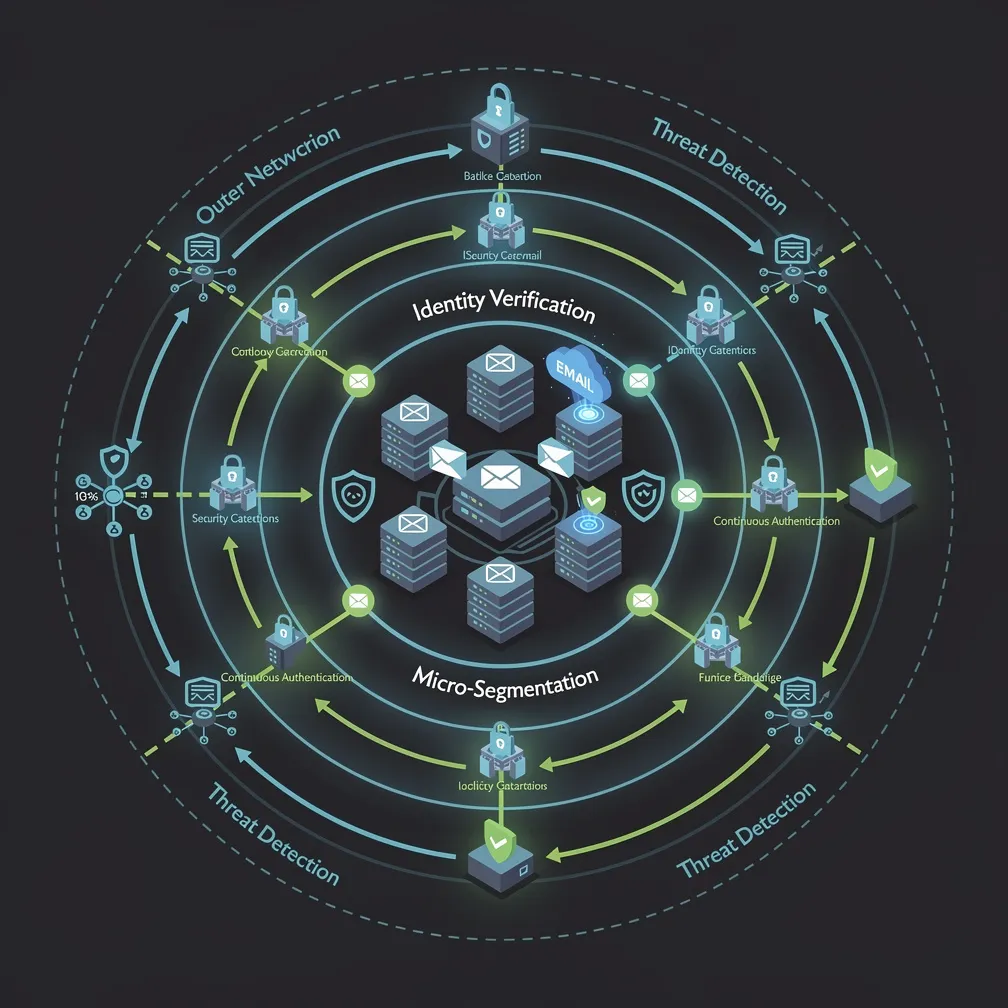 Zero trust email security architecture diagram showing concentric verification layers, identity verification, continuous authentication, micro-segmentation, and threat detection checkpoints