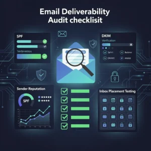 Email deliverability audit checklist showing SPF, DKIM, DMARC authentication checks, sender reputation monitoring, and inbox placement testing with dark blue cybersecurity aesthetic