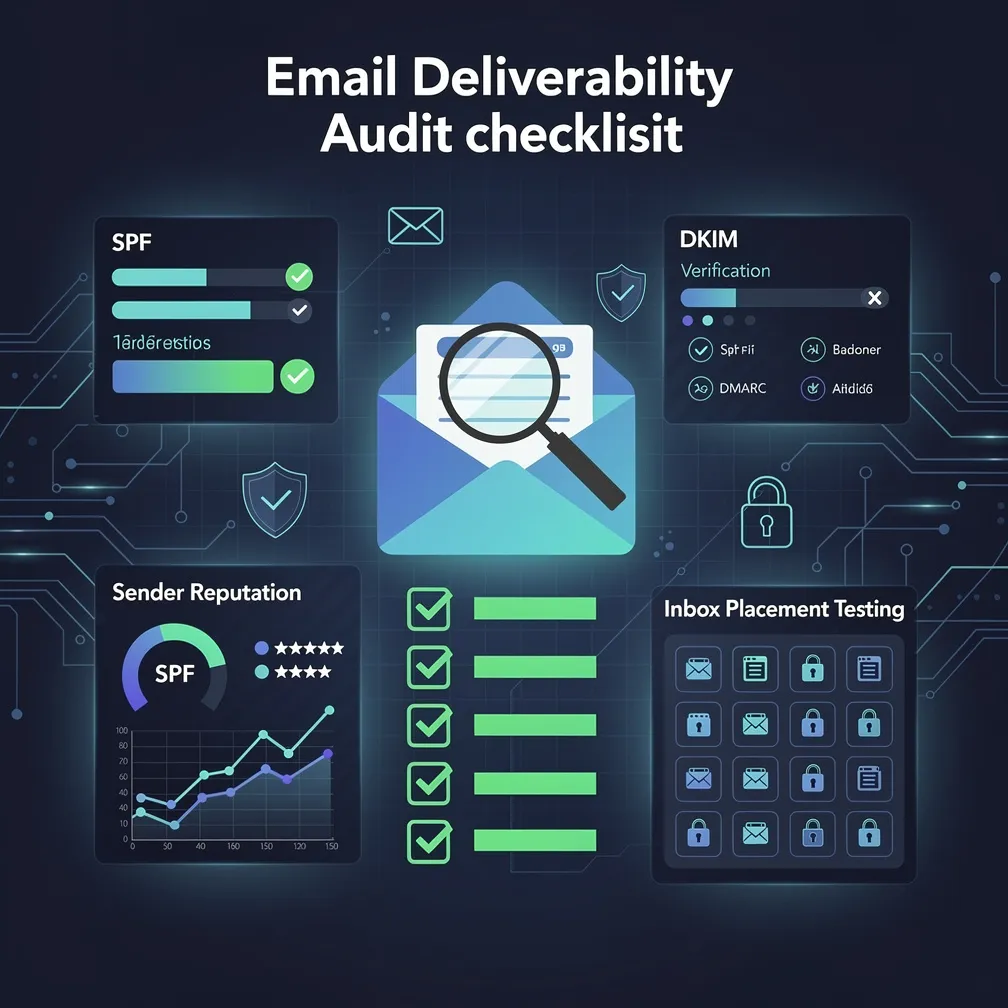 Email deliverability audit checklist showing SPF, DKIM, DMARC authentication checks, sender reputation monitoring, and inbox placement testing with dark blue cybersecurity aesthetic