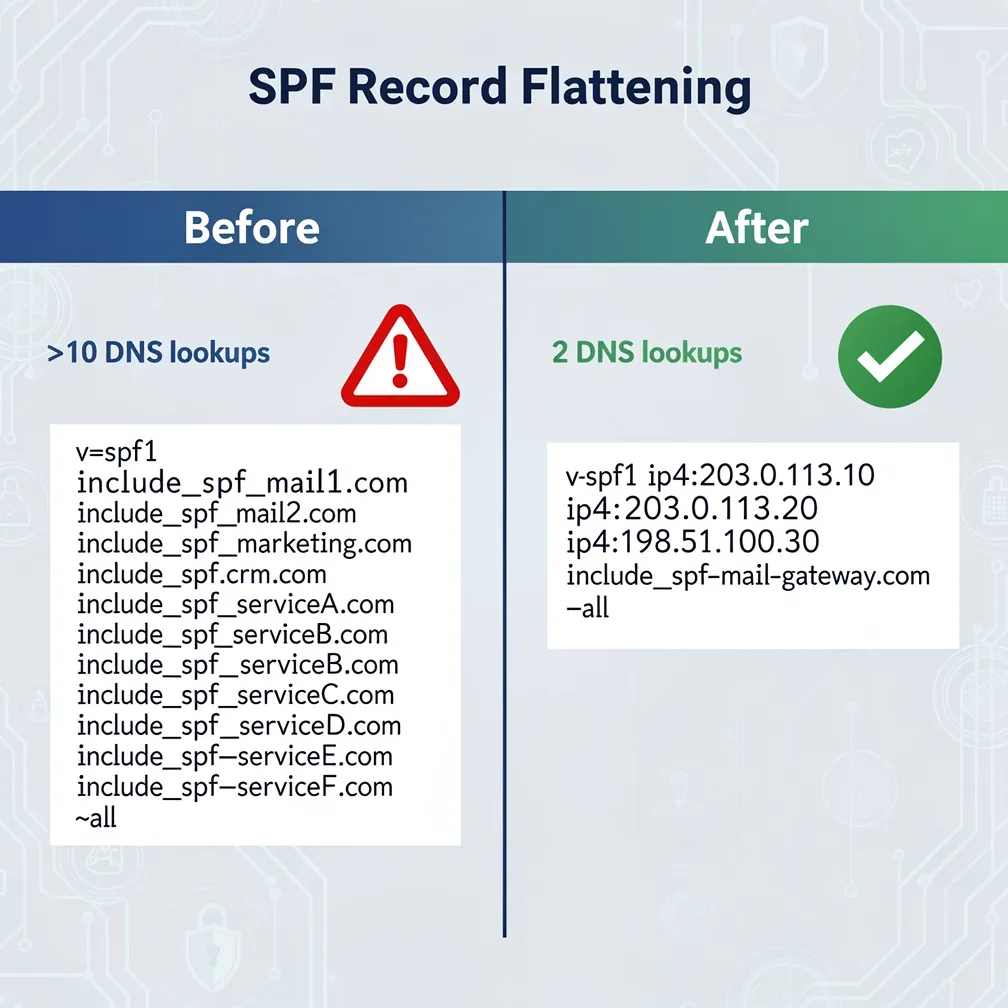 Before and after comparison of SPF record flattening showing DNS lookup optimization from complex includes to streamlined IP addresses