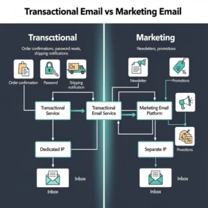 Diagram showing transactional email vs marketing email infrastructure separation with dedicated IPs and domains for each email stream