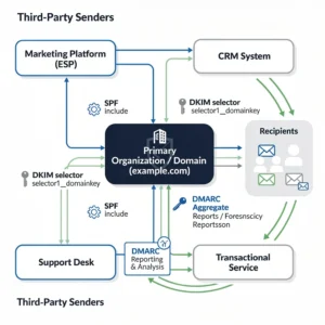 Third-party email sender ecosystem diagram showing authentication configuration with SPF includes, DKIM selector delegation, and DMARC reporting flow
