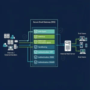 Technical architecture diagram showing email gateway security position with multiple inspection layers including anti-spam, antivirus, DLP, sandboxing, and SPF DKIM DMARC authentication checks