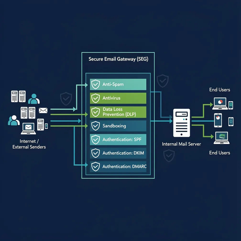 Technical architecture diagram showing email gateway security position with multiple inspection layers including anti-spam, antivirus, DLP, sandboxing, and SPF DKIM DMARC authentication checks