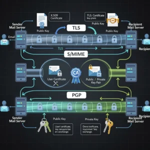 Technical diagram showing email encryption methods TLS S/MIME and PGP with key exchange process in professional cybersecurity style