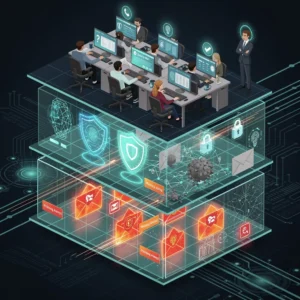 Multi-layered defense concept showing phishing emails being blocked at different security layers with AI detection, authentication checks, and human awareness as three defense tiers