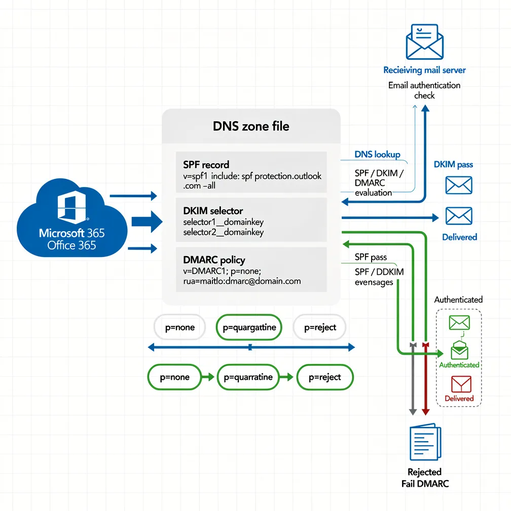 Technical diagram showing Office 365 DMARC setup process with SPF, DKIM, and policy progression from monitoring to enforcement