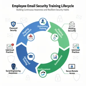 Infographic showing email security training topics and employee awareness lifecycle including phishing recognition, safe email practices, reporting procedures, and ongoing awareness initiatives