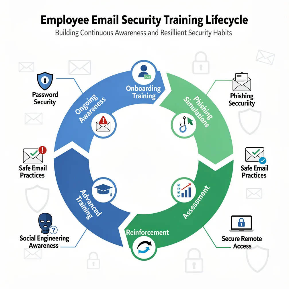Infographic showing email security training topics and employee awareness lifecycle including phishing recognition, safe email practices, reporting procedures, and ongoing awareness initiatives