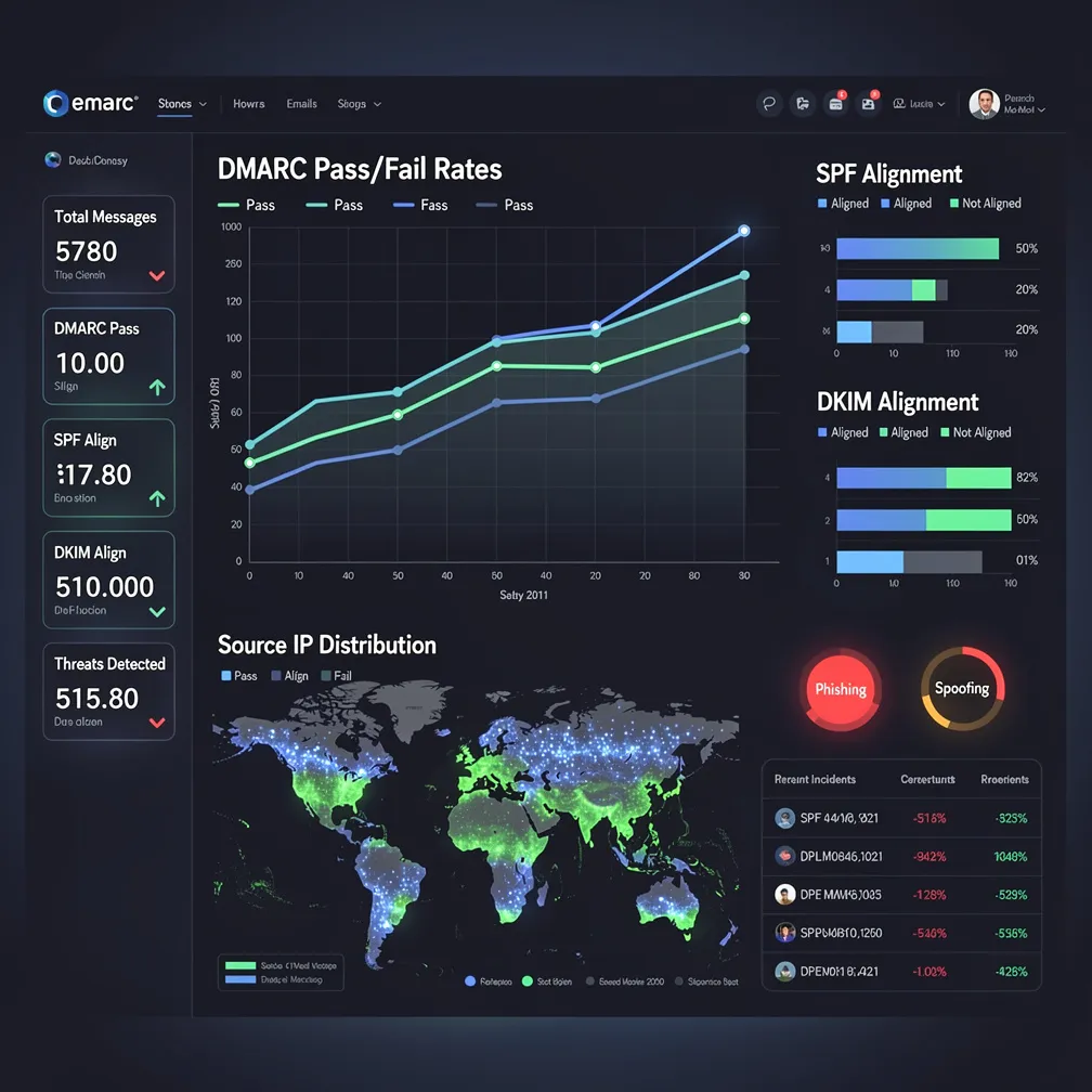 DMARC monitoring analytics dashboard showing authentication metrics and data visualization