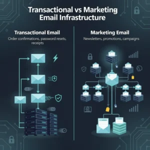 Split diagram comparing transactional email infrastructure (order confirmations, password resets) vs marketing email infrastructure (newsletters, campaigns) showing separate sending paths and dedicated servers
