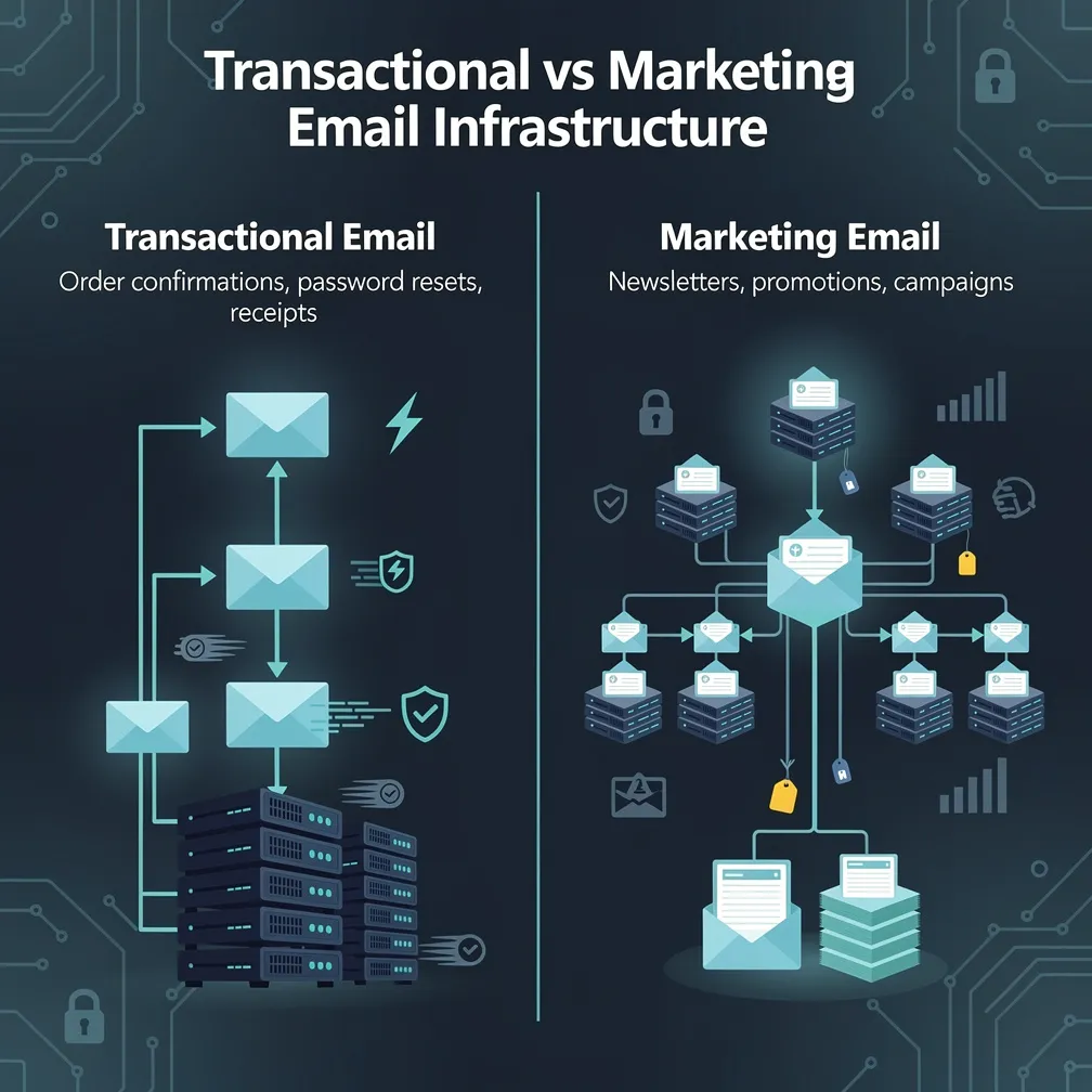 Split diagram comparing transactional email infrastructure (order confirmations, password resets) vs marketing email infrastructure (newsletters, campaigns) showing separate sending paths and dedicated servers