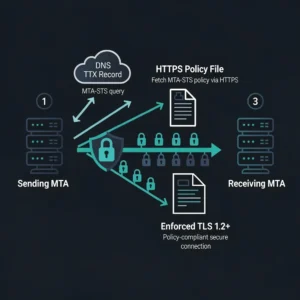 Diagram showing MTA-STS encryption flow between sending and receiving mail servers with DNS TXT record lookup, HTTPS policy file fetch, and enforced TLS connection