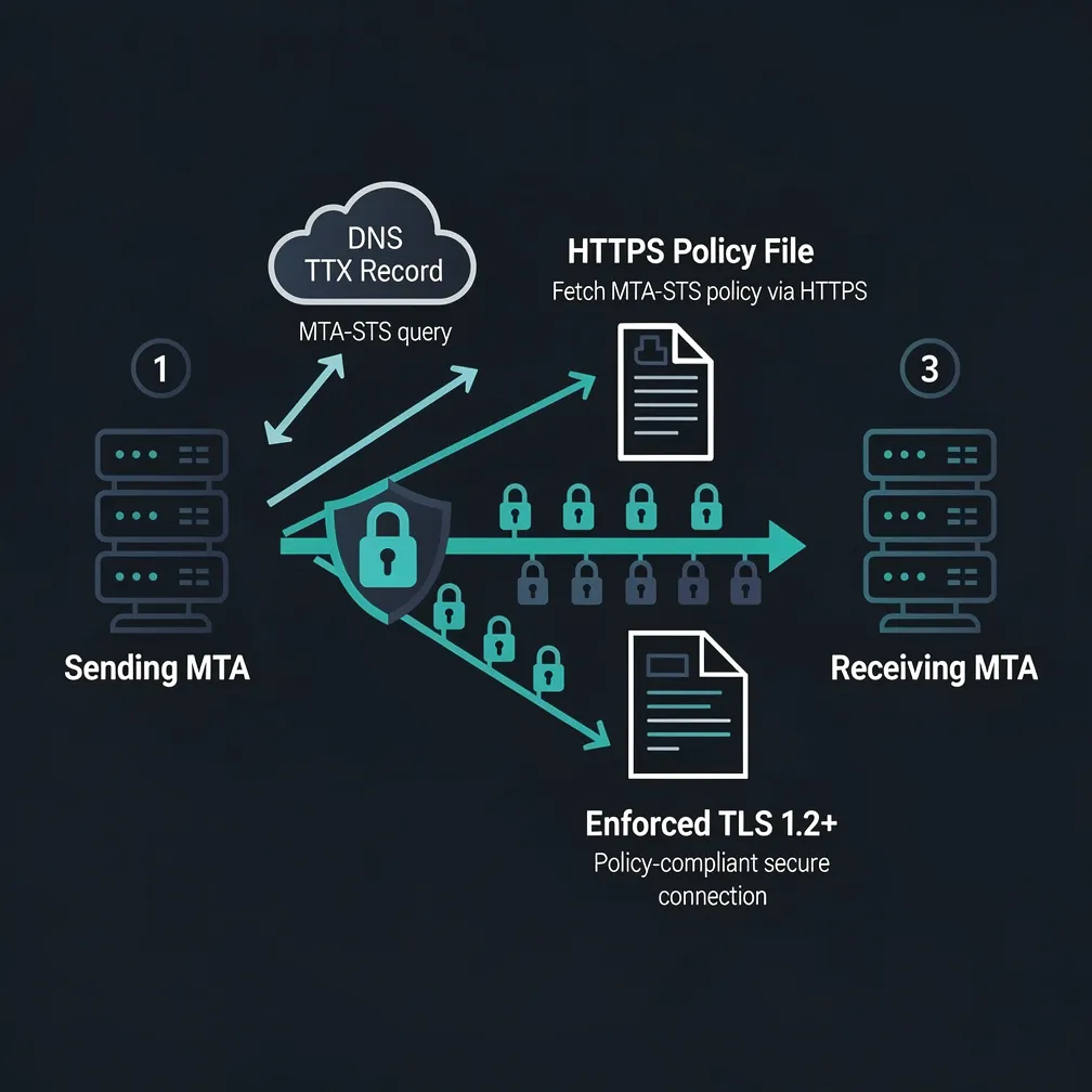 Diagram showing MTA-STS encryption flow between sending and receiving mail servers with DNS TXT record lookup, HTTPS policy file fetch, and enforced TLS connection