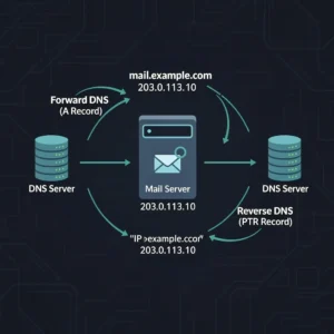 DNS forward and reverse lookup flow diagram showing A record forward resolution and PTR record reverse resolution for email server verification