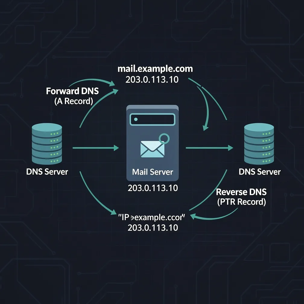 DNS forward and reverse lookup flow diagram showing A record forward resolution and PTR record reverse resolution for email server verification