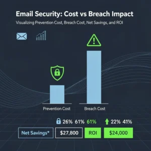 Email security ROI analysis infographic showing security investment costs versus breach costs with ROI metrics in business blue and green
