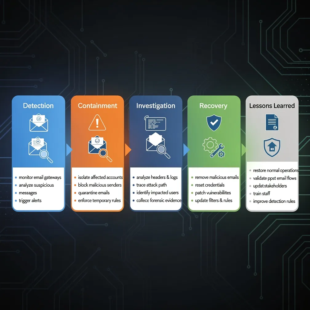 Email security incident response workflow diagram showing detection, containment, investigation, remediation, and recovery phases with blue, green, and orange alert colors