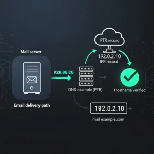 Reverse DNS lookup process showing IP address resolving back to hostname with PTR record validation for email delivery