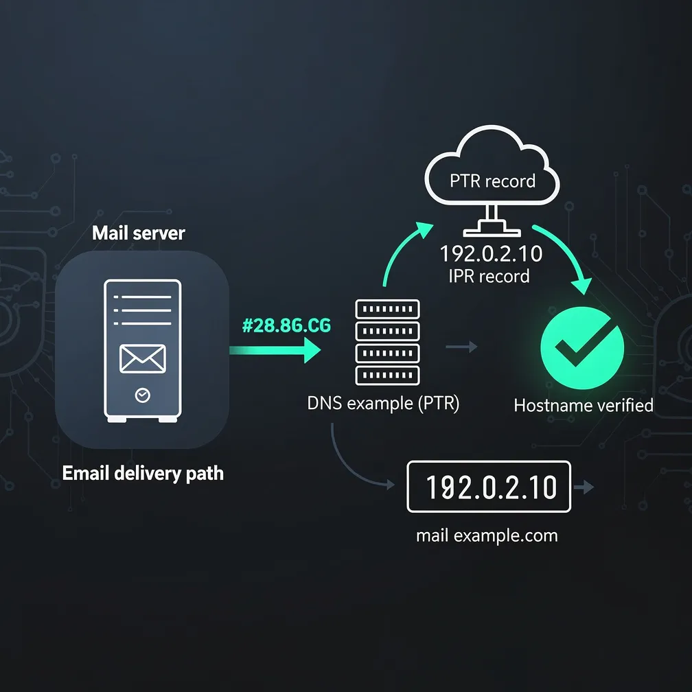 Reverse DNS lookup process showing IP address resolving back to hostname with PTR record validation for email delivery